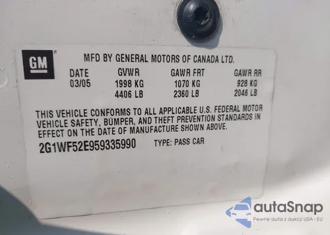 2005 Chevrolet Impala Base из США, поврежденный, VIN 2G1WF52E959335990